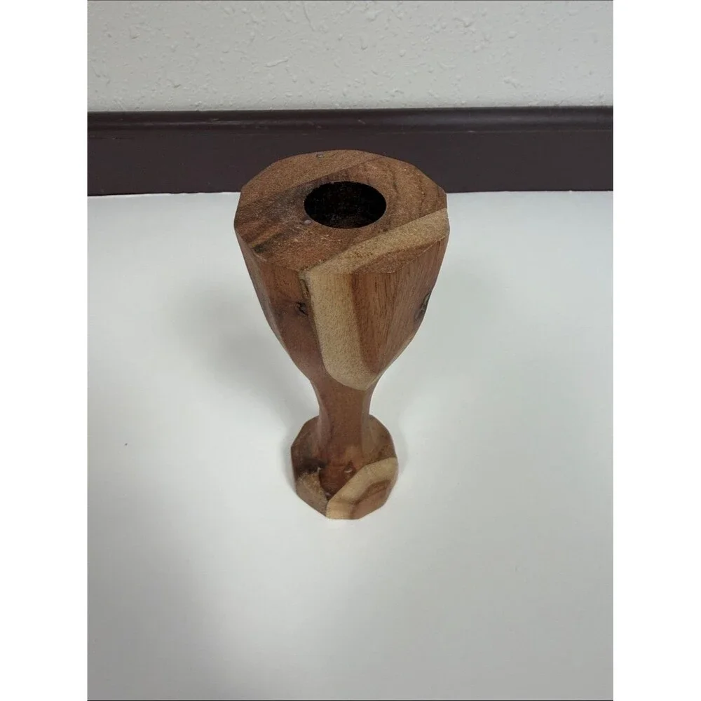 Vintage Hand Carved Wood Stick Candle Holder Rustic Boho Taper Candlestick Decor